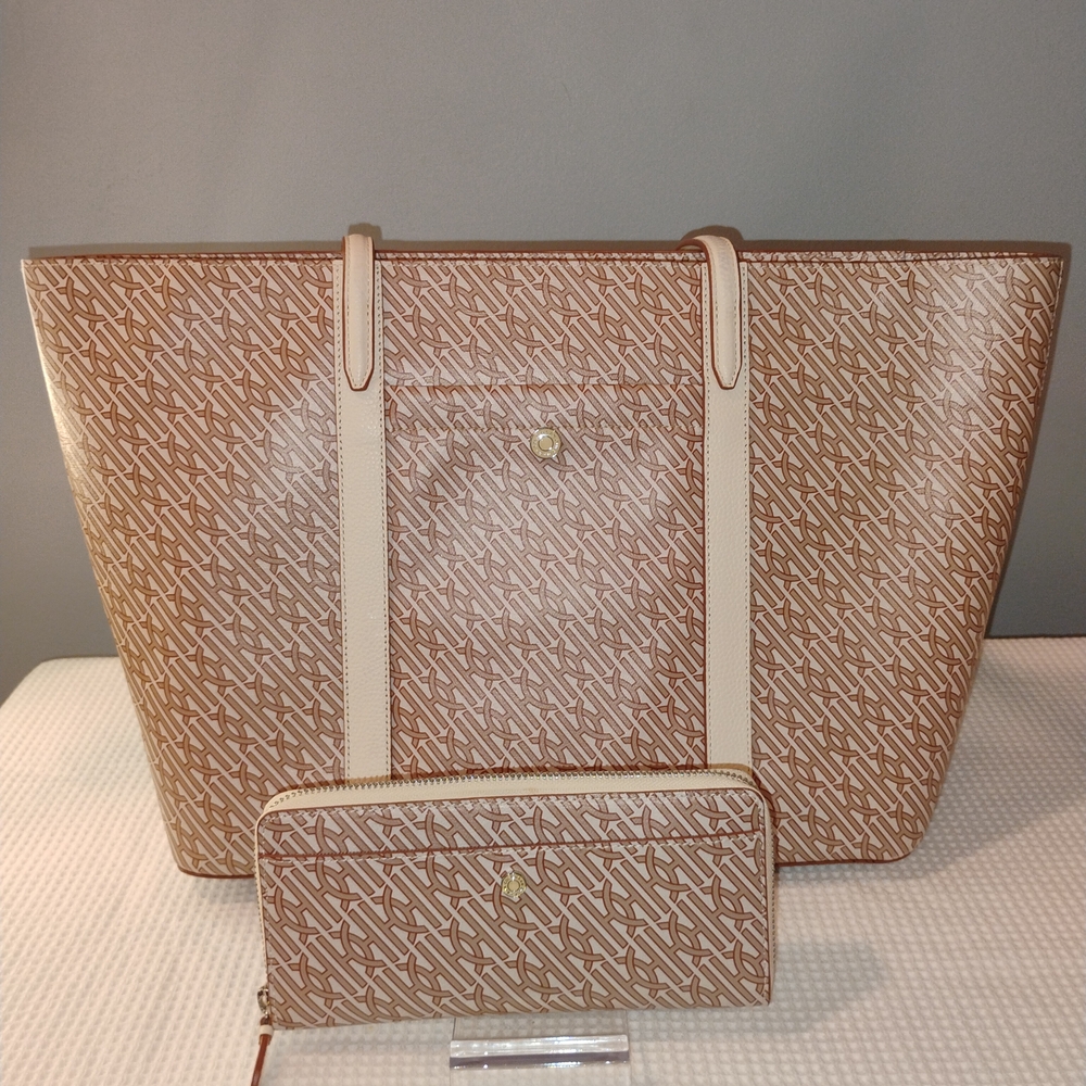 Cole Haan Set Brown and Cream Designer Tote Bag and Wallet Set